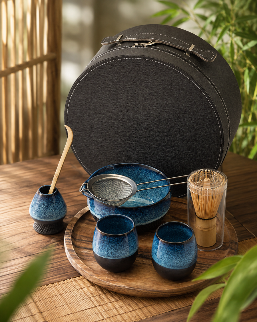 Kiln & Ritual 9-piece matcha set with blue bowl, cups, whisk, holder, and tray