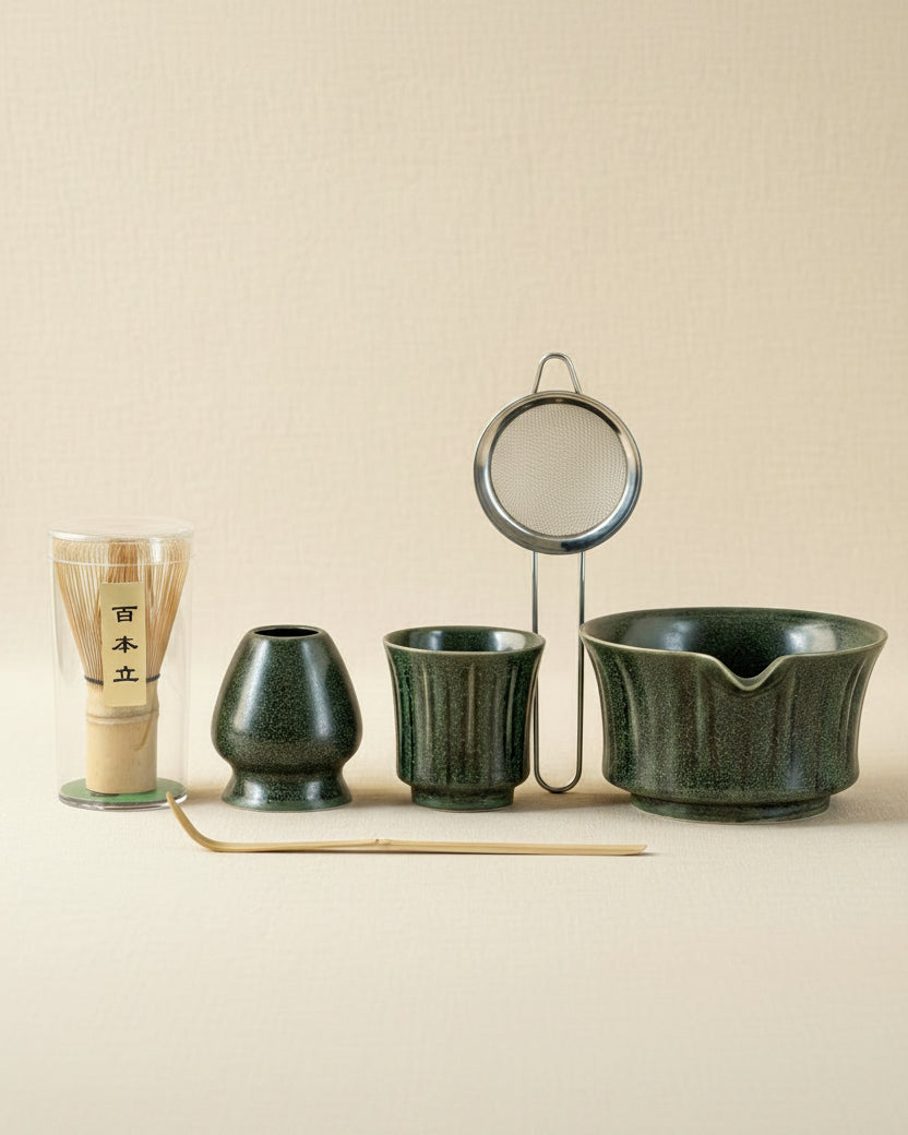 Matcha Spring celadon green ceramic bowl and cup with bamboo whisk, sifter, and scoop