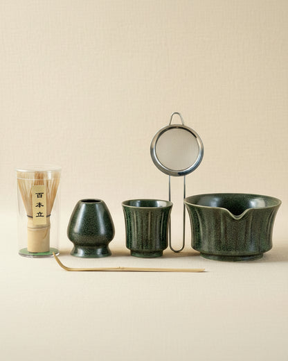 Matcha Spring celadon green ceramic bowl and cup with bamboo whisk, sifter, and scoop