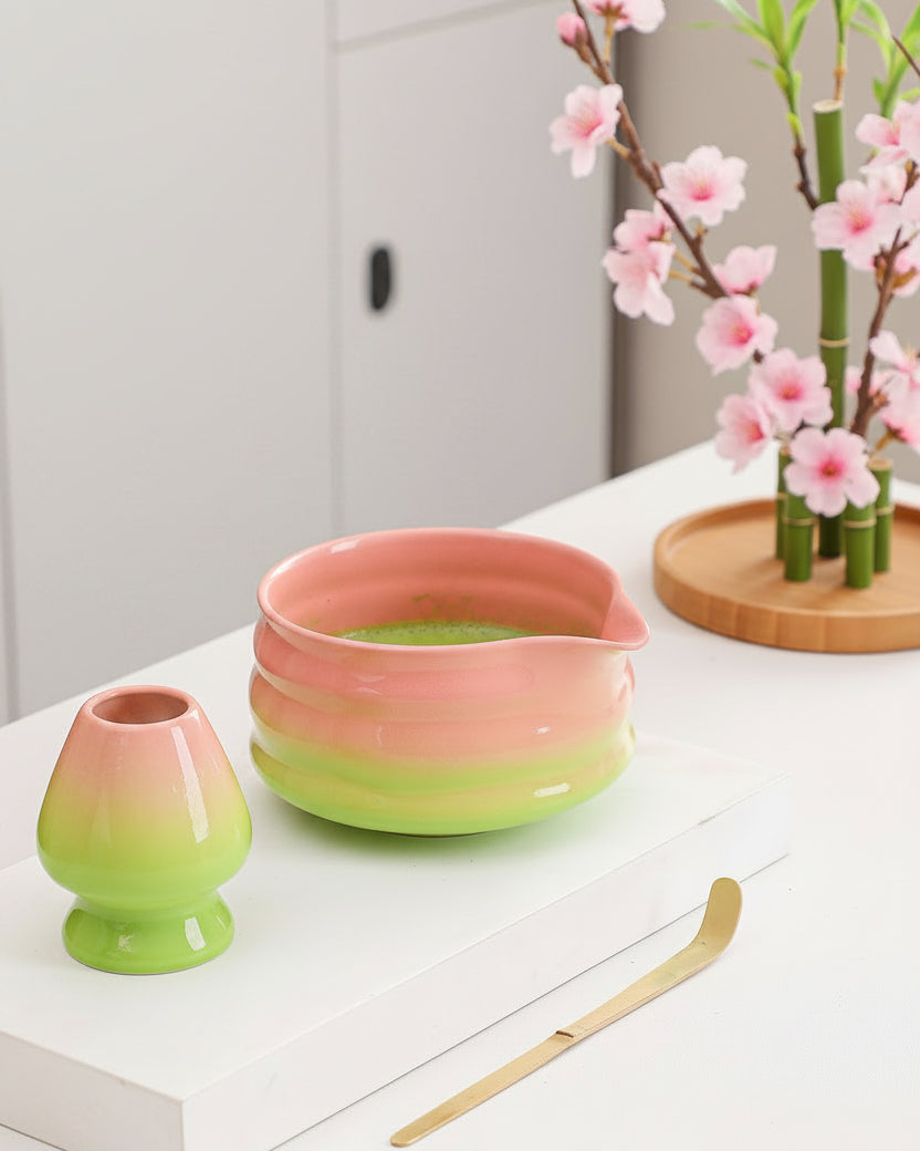 Dawn Blend gradient matcha bowl and whisk holder set in soft pink and matcha green