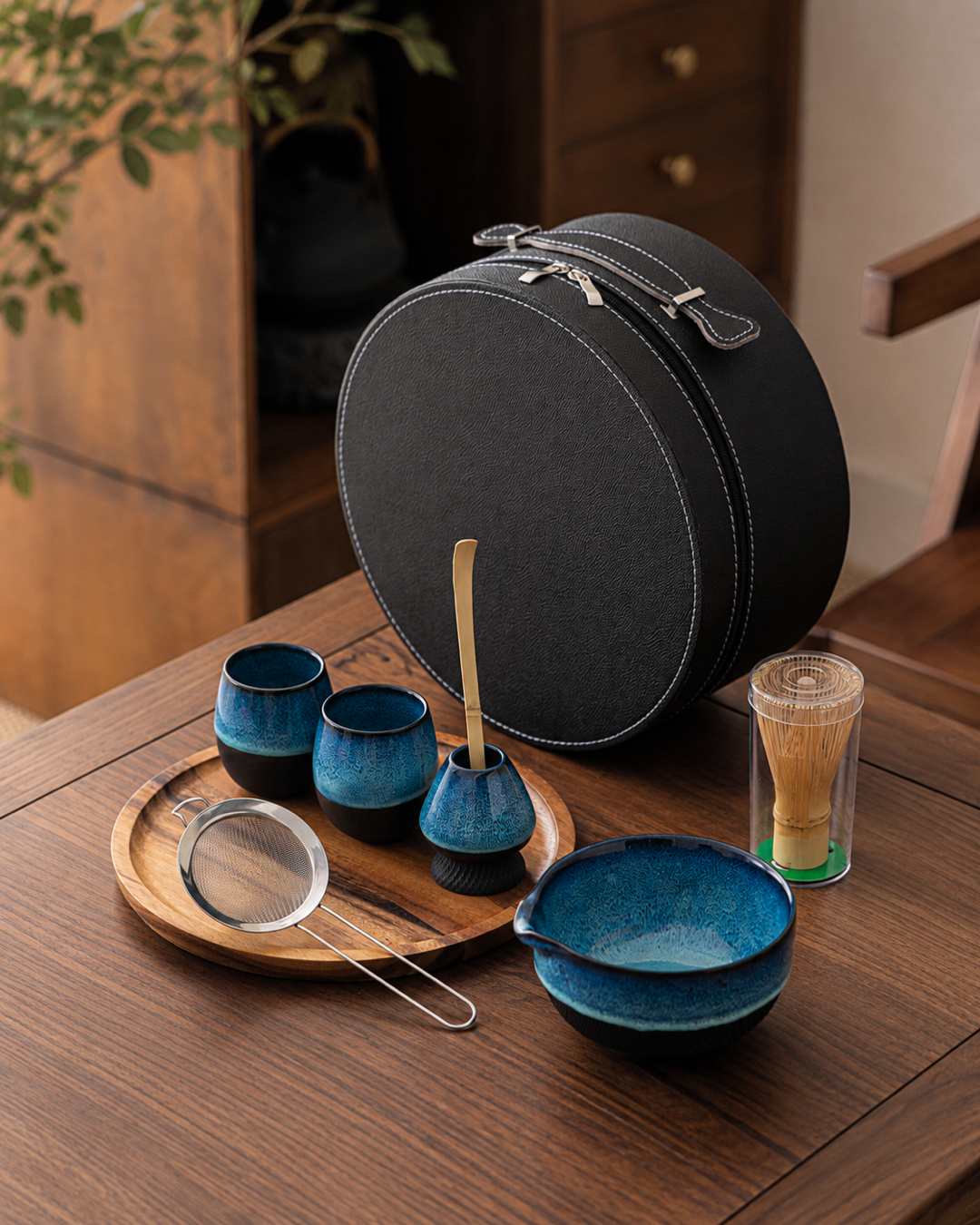 Blue ceramic matcha cup and bowl from the Kiln & Ritual gift set