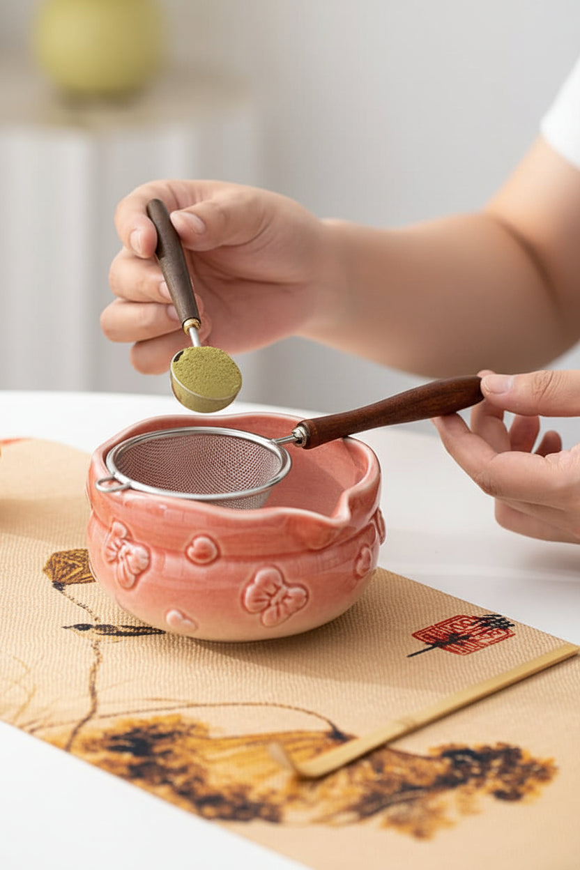 Blush Bow ceramic matcha bowl and tea tools arranged for gifting