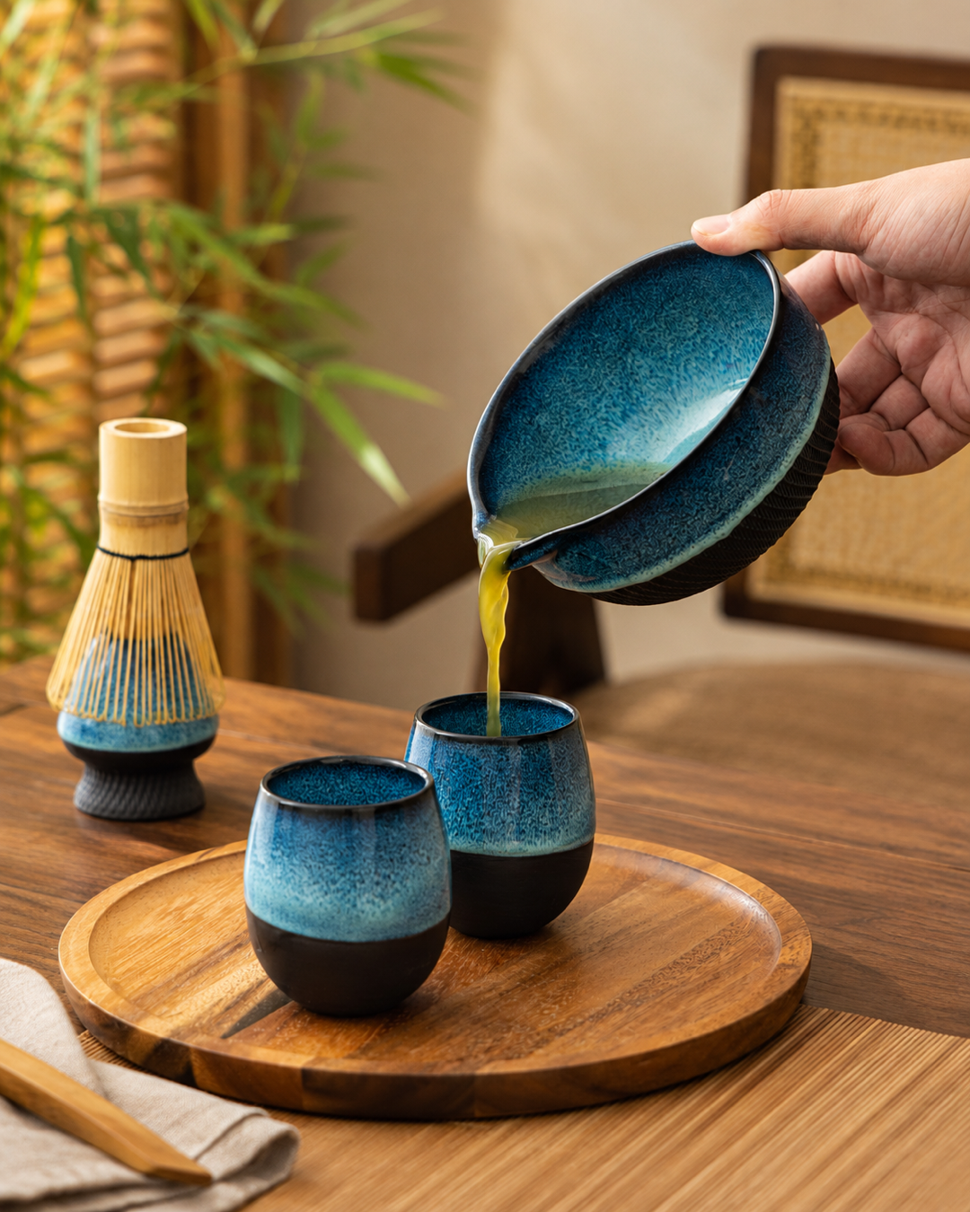 Pouring matcha from Kiln & Ritual blue ceramic bowl into matching cups