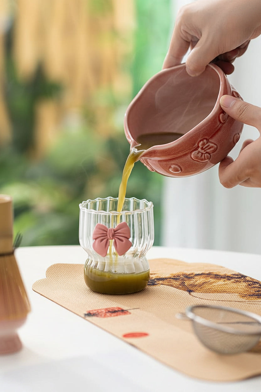 Blush Bow 9-piece matcha gift set close-up with ceramic bowl and bamboo tools