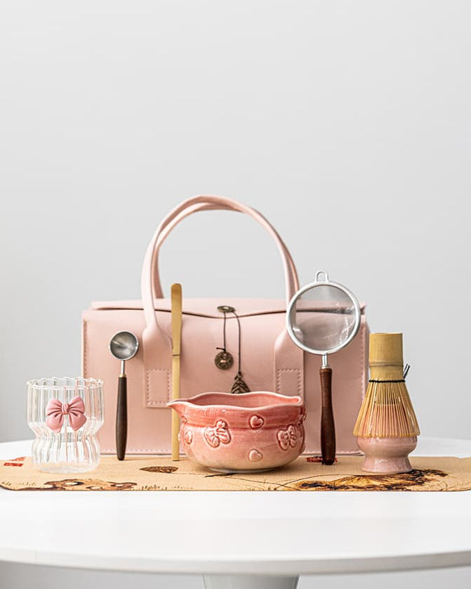 Complete Blush Bow ceramic matcha set with serving tray and tea tools