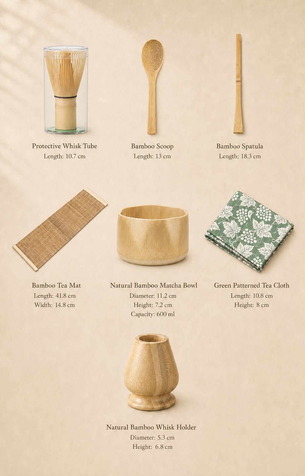 Bamboo matcha bowl set shown with included bamboo tea tools