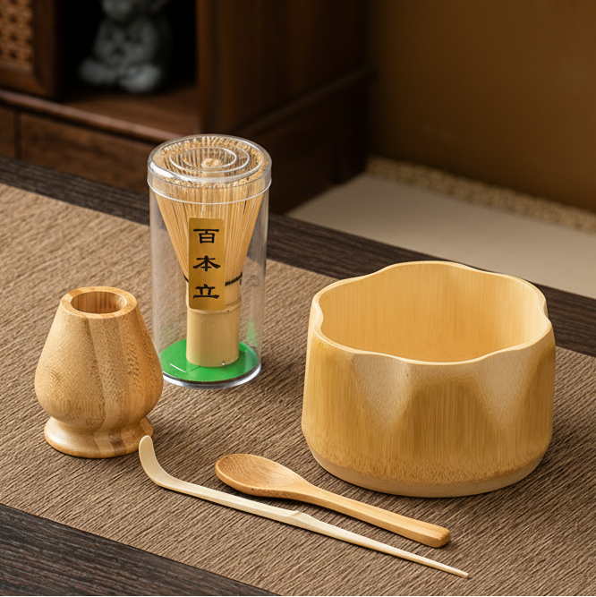 Bamboo matcha bowl gift set with plain box packaging