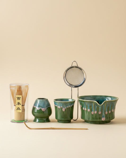 Bamboo Ritual 6-piece matcha set with celadon green drip glaze, full flat lay