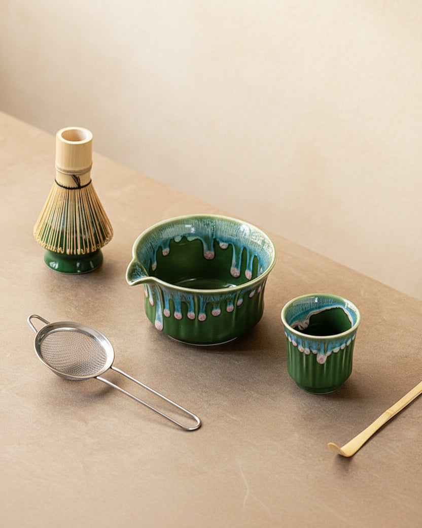 Bamboo Ritual 6-piece matcha set in celadon green glaze, bowl and cup filled with whisked matcha