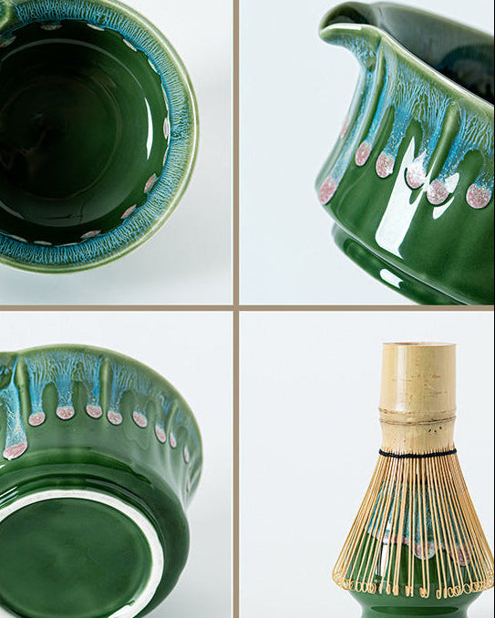 Close-up detail of Bamboo Ritual celadon green reactive drip glaze on bowl and whisk holder