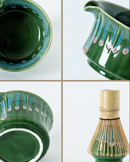 Close-up detail of Bamboo Ritual celadon green reactive drip glaze on bowl and whisk holder