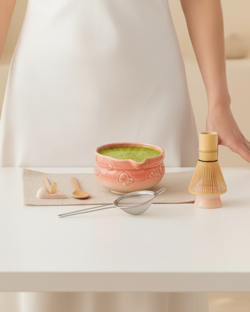 Sakura Pink matcha set arranged for an at home tea ritual