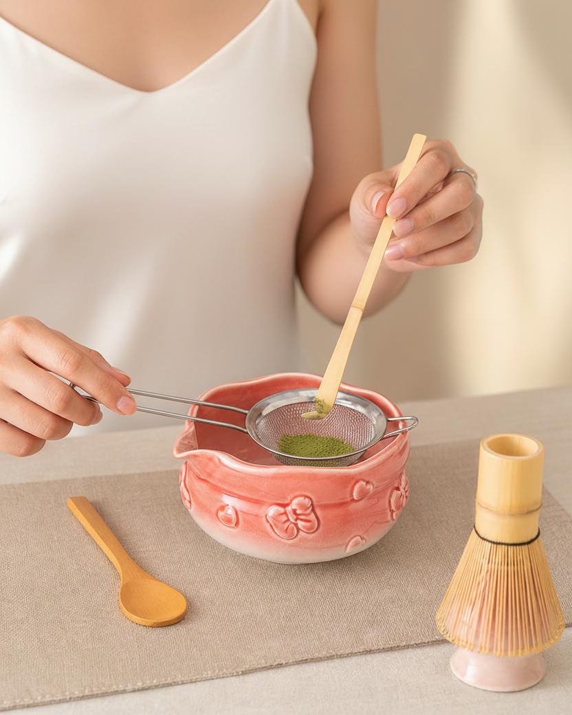 Sifting matcha powder into the Sakura Pink ceramic bowl