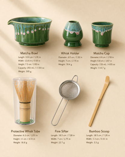 Matcha Spring size chart: bowl, whisk holder, tasting cup, whisk, sifter, and scoop dimensions