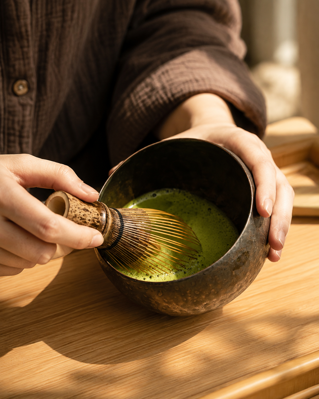 Natural purple bamboo matcha whisk tine detail