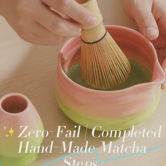 Dawn Blend gradient ceramic matcha bowl and whisk holder in soft pink and matcha green