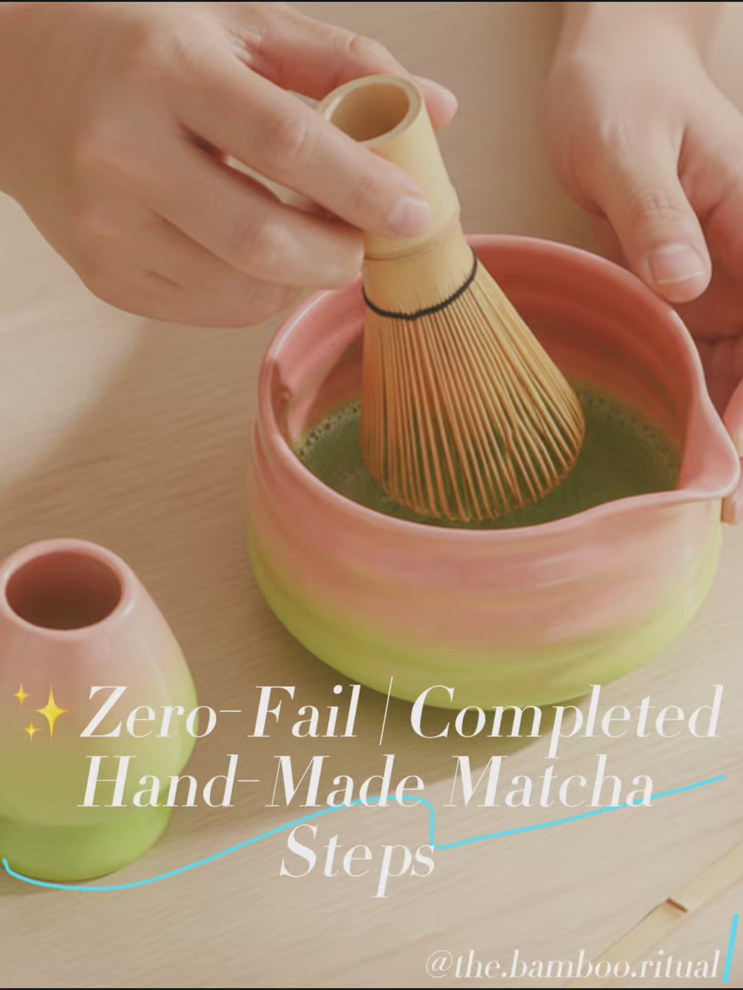 Dawn Blend gradient ceramic matcha bowl and whisk holder in soft pink and matcha green