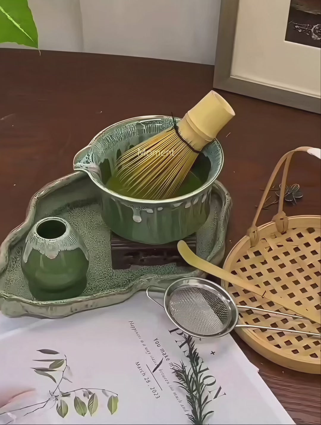 Matcha Spring 6-piece set: bowl, whisk, whisk holder, tasting cup, sifter, and scoop flat lay